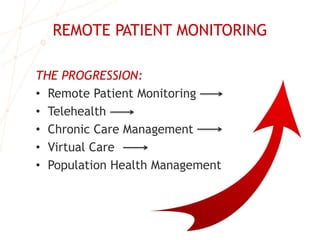 REMOTE PATIENT MONITORING
THE PROGRESSION:
• Remote Patient Monitoring
• Telehealth
• Chronic Care Management
• Virtual Care
• Population Health Management
 