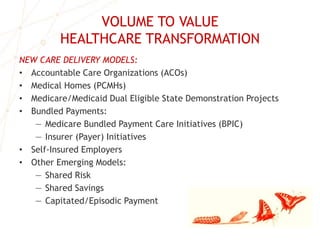 VOLUME TO VALUE
HEALTHCARE TRANSFORMATION
NEW CARE DELIVERY MODELS:
• Accountable Care Organizations (ACOs)
• Medical Homes (PCMHs)
• Medicare/Medicaid Dual Eligible State Demonstration Projects
• Bundled Payments:
— Medicare Bundled Payment Care Initiatives (BPIC)
— Insurer (Payer) Initiatives
• Self-Insured Employers
• Other Emerging Models:
— Shared Risk
— Shared Savings
— Capitated/Episodic Payment
 