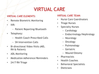 VIRTUAL CARE
VIRTUAL CARE ELEMENTS:
• Remote Biometric Monitoring
• IVR:
— Patient Reporting/Bluetooth
• Telephony:
— Health Coach Prescribed Calls
— SN Intervention Calls
• Bi-directional Video Visits (MD,
RN & Patient)
• ADL Monitoring
• Medication Adherence/Reminders
• 24/7 RN Triage
VIRTUAL CARE TEAM:
• Nurse Care Coordinators
• Triage Nurses
• Specialty Nurses
— Cardiology
— Endocrinology/Nephrology
— Neurology
— Oncology
— Pulmonology
— Geriatric
— Wound/Ostomy
• Pharmacists
• Health Coaches
• Behavioral Specialists
• Dieticians
 