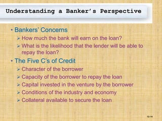 12–14
Understanding a Banker’s Perspective
• Bankers’ Concerns
 How much the bank will earn on the loan?
 What is the likelihood that the lender will be able to
repay the loan?
• The Five C’s of Credit
 Character of the borrower
 Capacity of the borrower to repay the loan
 Capital invested in the venture by the borrower
 Conditions of the industry and economy
 Collateral available to secure the loan
 