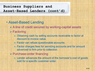 12–23
Business Suppliers and
Asset-Based Lenders (cont’d)
• Asset-Based Lending
 A line of credit secured by working-capital assets
 Factoring
 Obtaining cash by selling accounts receivable to factor at
discount to invoice value.
 Factor can refuse questionable accounts.
 Factor charges fees for servicing accounts and for amount
advanced to firm prior to collection.
 Purchase-order financing
 Lender advances the amount of the borrower’s cost of goods
sold for a specific customer order.
 