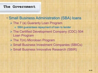 12–25
The Government
• Small Business Administration (SBA) loans
 The 7 (a) Guaranty Loan Program
 SBA guarantees repayment of loan to lender
 The Certified Development Company (CDC) 504
Loan Program
 The 7(m) Microloan Program
 Small Business Investment Companies (SBICs)
 Small Business Innovative Research (SBIR)
 