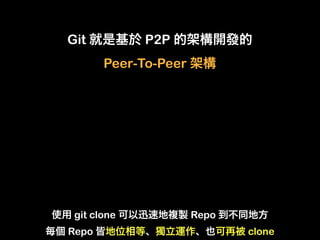 Git          P2P
       Peer-To-Peer




 git clone            Repo
Repo                         clone
 