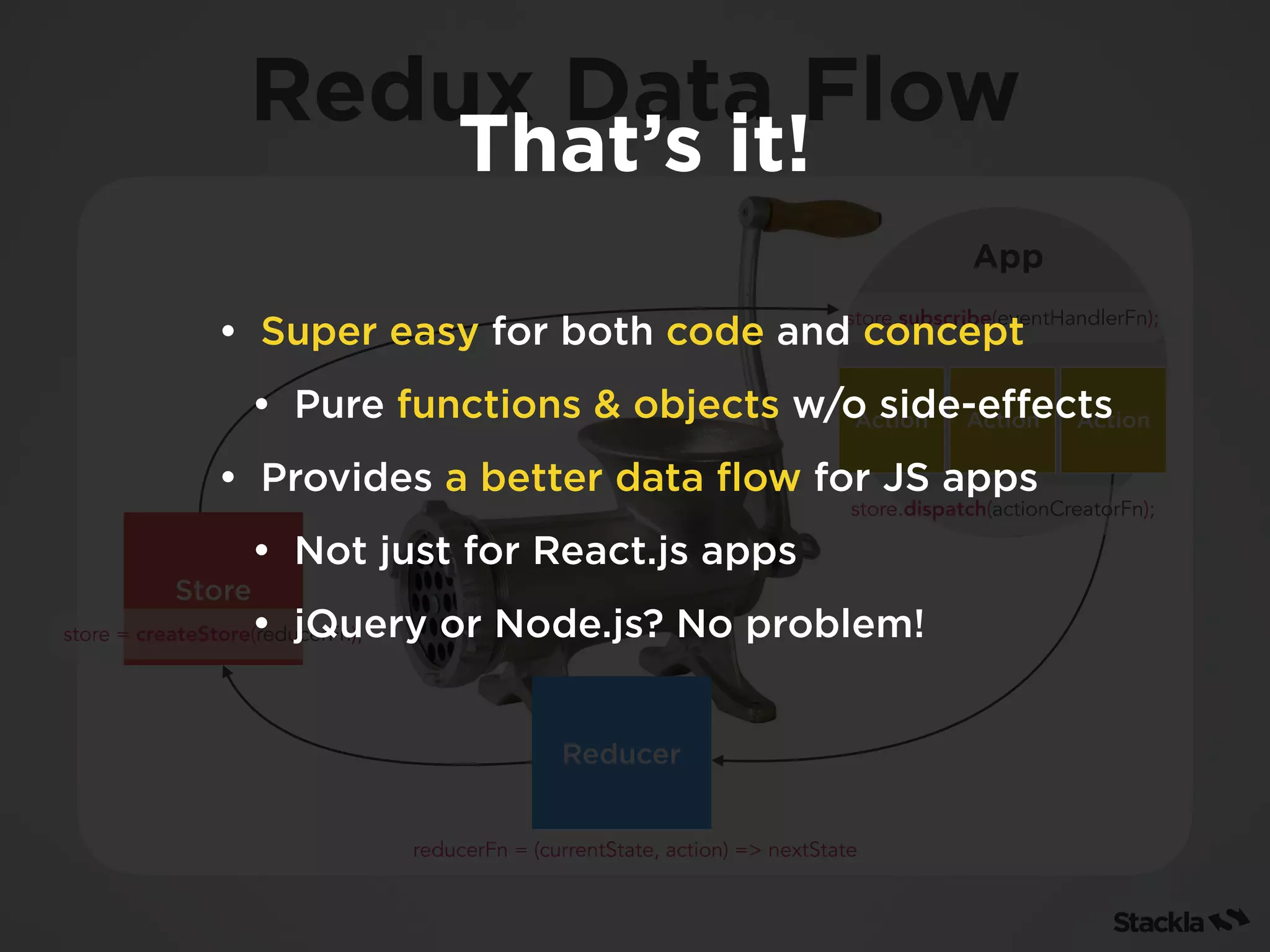 Redux Data Flow
Reducer
Store
ActionActionAction
store = createStore(reducerFn);
store.subscribe(eventHandlerFn);
App
store.dispatch(actionCreatorFn);
reducerFn = (currentState, action) => nextState
That’s it!
• Super easy for both code and concept
• Pure functions & objects w/o side-eﬀects
• Provides a better data ﬂow for JS apps
• Not just for React.js apps
• jQuery or Node.js? No problem!
 