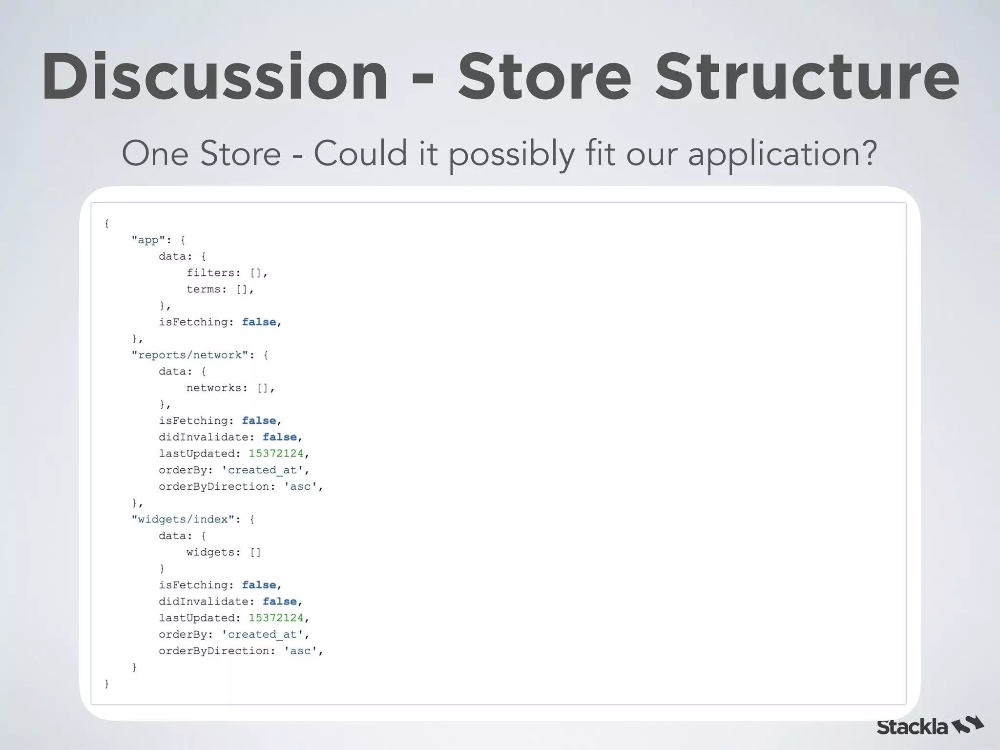 Discussion - Store Structure
One Store - Could it possibly fit our application?
 