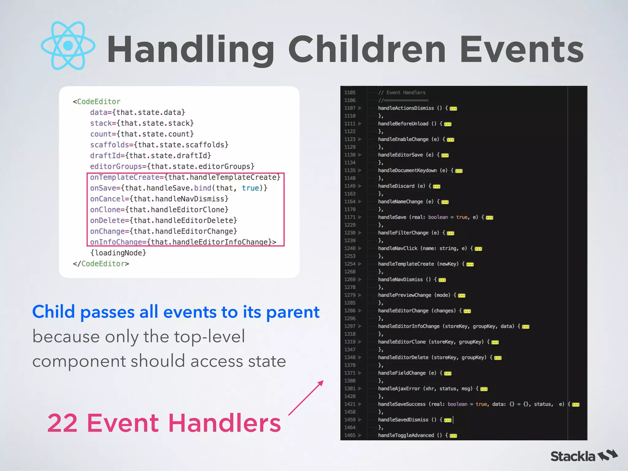 22 Event Handlers
Child passes all events to its parent
because only the top-level
component should access state
Handling Children Events
 