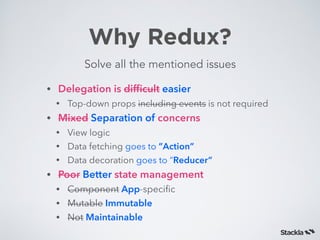Why Redux?
Solve all the mentioned issues
• Delegation is difﬁcult easier
• Top-down props including events is not required
• Mixed Separation of concerns
• View logic
• Data fetching goes to ”Action”
• Data decoration goes to “Reducer”
• Poor Better state management
• Component App-speciﬁc
• Mutable Immutable
• Not Maintainable
 