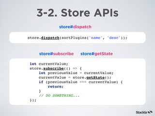 store.dispatch(sortPlugins('name', 'desc'));
3-2. Store APIs
store#dispatch
store#subscribe
let currentValue;
store.subscribe(() => {
let previousValue = currentValue;
currentValue = store.getState();
if (previousValue === currentValue) {
return;
}
// DO SOMETHING...
});
store#getState
 