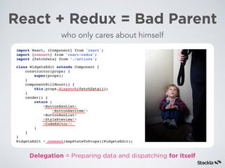 React + Redux = Bad Parent
import React, {Component} from 'react';
import {connect} from 'react-redux';
import {fetchData} from ‘./actions';
class WidgetsEdit extends Component {
constructor(props) {
super(props);
}
componentWillMount() {
this.props.dispatch(fetchData());
}
render() {
return (
<ButtonNavList>
<ButtonNavItem/>
<ButtonNavList>
<StylePreview/>
<CodeEditor/>
)
}
}
WidgetsEdit = connect(mapStateToProps)(WidgetsEdit);
who only cares about himself
Delegation = Preparing data and dispatching for itself
 