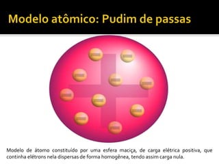 Modelo de átomo constituído por uma esfera maciça, de carga elétrica positiva, que
continha elétrons nela dispersas de forma homogênea, tendo assim carga nula.

 