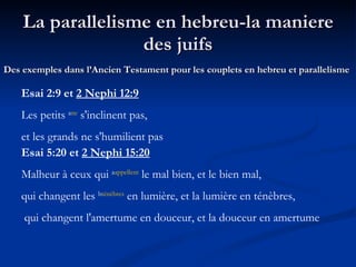 La parallelisme en hebreu-la maniere des juifs Des exemples dans l’Ancien Testament pour les couplets en hebreu et parallelisme Esai 2:9 et  2 Nephi 12:9 Les petits  a ne  s'inclinent pas,  et les grands ne s'humilient pas Esai 5:20 et  2 Nephi 15:20 Malheur à ceux qui  a appellent  le mal bien, et le bien mal,  qui changent les  b ténèbres  en lumière, et la lumière en ténèbres, qui changent l'amertume en douceur, et la douceur en amertume 