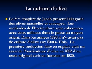 La culture d’olive Le 5 eme  chapitre de Jacob present l’allegorie des olives naturelles et sauvages.  Les methodes de l’horticulture sont coherentes avec ceux utilisees dans le passe au moyen orient. Dans les annees 1820 il n’y avait pas de culture d’olive aux Etats- Unis.  La premiere traduction faite en anglais etait un essai de l’horticulture d’olive en 1852 d’un texte originel ecrit en francais en 1820. 
