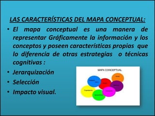 LAS CARACTERÍSTICAS DEL MAPA CONCEPTUAL:
• El mapa conceptual es una manera de
representar Gráficamente la información y los
conceptos y poseen características propias que
lo diferencia de otras estrategias o técnicas
cognitivas :
• Jerarquización
• Selección
• Impacto visual.
 
