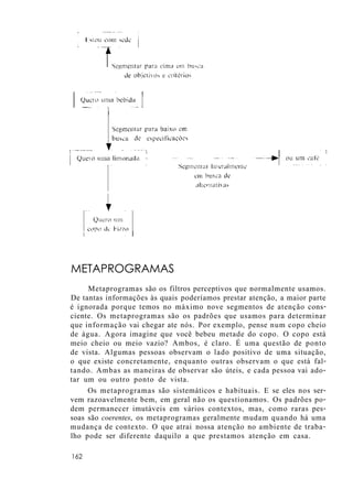 METAPROGRAMAS
Metaprogramas são os filtros perceptivos que normalmente usamos.
De tantas informações às quais poderíamos prestar atenção, a maior parte
é ignorada porque temos no máximo nove segmentos de atenção cons-
ciente. Os metaprogramas são os padrões que usamos para determinar
que informação vai chegar ate nós. Por exemplo, pense num copo cheio
de água. Agora imagine que você bebeu metade do copo. O copo está
meio cheio ou meio vazio? Ambos, é claro. É uma questão de ponto
de vista. Algumas pessoas observam o lado positivo de uma situação,
o que existe concretamente, enquanto outras observam o que está fal-
tando. Ambas as maneiras de observar são úteis, e cada pessoa vai ado-
tar um ou outro ponto de vista.
Os metaprogramas são sistemáticos e habituais. E se eles nos ser-
vem razoavelmente bem, em geral não os questionamos. Os padrões po-
dem permanecer imutáveis em vários contextos, mas, como raras pes-
soas são coerentes, os metaprogramas geralmente mudam quando há uma
mudança de contexto. O que atrai nossa atenção no ambiente de traba-
lho pode ser diferente daquilo a que prestamos atenção em casa.
162
 