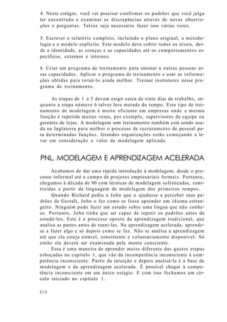 4. Neste estágio, você vai precisar confirmar os padrões que você julga
ter encontrado e examinar as discrepâncias através de novas observa-
ções e perguntas. Talvez seja necessário fazer isso várias vezes.
5. Escrever o relatório completo, incluindo o plano original, a metodo-
logia e o modelo explícito. Este modelo deve cobrir todos os níveis, des-
de a identidade, as crenças e as capacidades até os comportamentos es-
pecíficos, externos e internos.
6. Criar um programa de treinamento para ensinar a outras pessoas es-
sas capacidades. Aplicar o programa de treinamento e usar as informa-
ções obtidas para torná-lo ainda melhor. Treinar instrutores nesse pro-
grama de treinamento.
As etapas de 1 a 5 devem exigir cerca de vinte dias de trabalho, en-
quanto a etapa número 6 talvez leve metade do tempo. Este tipo de trei-
namento de modelagem é muito eficiente em empresas onde a mesma
função é repetida muitas vezes, por exemplo, supervisores de equipe ou
gerentes de lojas. A modelagem sem treinamento também está sendo usa-
da na Inglaterra para melhor o processo de recrutamento de pessoal pa-
ra determinadas funções. Grandes organizações estão começando a le-
var em consideração o valor da modelagem aplicada.
PNL, MODELAGEM E APRENDIZAGEM ACELERADA
Acabamos de dar uma rápida introdução à modelagem, desde o pro-
cesso informal até o campo de projetos empresariais formais. Portanto,
chegamos à década de 90 com técnicas de modelagem sofisticadas, cons-
truídas a partir da linguagem de modelagem dos primeiros tempos.
Quando Richard pediu a John que o ajudasse a perceber seus pa-
drões de Gestalt, John o fez como se fosse aprender um idioma estran-
geiro. Ninguém pode fazer um estudo sobre uma língua que não conhe-
ce. Portanto, John tinha que ser capaz de repetir os padrões antes de
estudá-los. Este é o processo oposto da aprendizagem tradicional, que
analisa as partes antes de reuni-las. Na aprendizagem acelerada, aprende-
se a fazer algo e só depois como se faz. Não se analisa a aprendizagem
até que ela esteja estável, consistente e voluntariamente disponível. Só
então ela deverá ser examinada pela mente consciente.
Essa é uma maneira de aprender muito diferente das quatro etapas
esboçadas no capítulo 1, que vão da incompetência inconsciente à com-
petência inconsciente. Partir da intuição e depois analisá-la é a base da
modelagem e da aprendizagem acelerada. É possível chegar à compe-
tência inconsciente em um único estágio. E com isso fechamos um cír-
culo iniciado no capítulo 1.
2 1 0
 