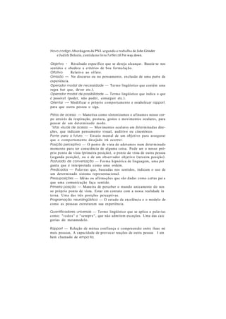 Novo codigo AbordagemdaPNLsegundootrabalhodeJohnGrinder
eJudithDelozie,contidanolivroTurtles ali lhe waydown.
Objetivo - Resultado específico que se deseja alcançar. Baseia-se nos
sentidos e obedece a critérios de boa formulação.
Olfativo Relativo ao olfato.
Omissão — No discurso ou no pensamento, exclusão de uma parte da
experiência.
Operador modal de necessidade — Termo lingüístico que contém uma
regra (ter que, dever etc.).
Operador modal de possibilidade — Termo lingüístico que indica o que
é possível (poder, não poder, conseguir etc.).
Orientar —- Modificar o próprio comportamento e estabelecer rapport,
para que outra pessoa o siga.
Pistas de acesso — Maneiras como sintonizamos e afinamos nosso cor-
po através da respiração, postura, gestos e movimentos oculares, para
pensar de um determinado modo.
''istas visuais de acesso — Movimentos oculares em determinadas dire-
ções, que indicam pensamento visual, auditivo ou cinestésico.
Ponte para o futuro — Ensaio mental de um objetivo para assegurar
que o comportamento desejado irá ocorrer.
Posição perceptiva — O ponto de vista de adotamos num determinado
momento para ter consciência de alguma coisa. Pode ser o nosso pró-
prio ponto de vista (primeira posição), o ponto de vista de outra pessoa
(segunda posição), ou o de um observador objetivo (terceira posição).
Postulado de conversação — Forma hipnótica de linguagem, uma per
gunta que é interpretada como uma ordem.
Predicados — Palavras que, baseadas nos sentidos, indicam o uso de
um determinado sistema representacional.
Pressuposições — Idéias ou afirmações que são dadas como certas pai a
que uma comunicação faça sentido.
Primeira posição — Maneira de perceber o mundo unicamente do nos
so próprio ponto de vista. Estar em contato com a nossa realidade ín
terna. Uma das três posições perceptivas.
Programação neurolingüística — O estudo da excelência e o modelo de
como as pessoas estruturam sua experiência.
Quantificadores universais — Termo lingüístico que se aplica a palavias
como: "todos" e "sempre", que não admitem exceções. Uma das caic
gorias do metamodelo.
Rapport — Relação de mútua confiança e compreensão entre iluas mi
mais pessoas, A capacidade de provocar reações de outra pessoa I ain
bem chamado de empa tia.
 