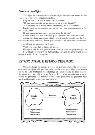 Estrutura ecológica
Verifique as conseqüências da obtenção do objetivo tanto na sua
vida como em seus relacionamentos.
Pergunte-se: "A quem mais isto afetaria?"
"O que aconteceria se eu conseguisse o que desejo?"
"Se pudesse tê-lo neste exato momento, eu o aceitaria?"
Preste atenção aos sentimentos de dúvida, que começam com a fra-
se: "Sim, mas..."
O que representam esses sentimentos de dúvida?
Como modificar seu objetivo para levá-los em consideração?
Agora verifique esse novo objetivo, utilizando os critérios de fixa-
ção de objetivos acima exposto, para verificar se está bem formulado.
A última recomendação é agir.
Você tem que dar o primeiro passo.
Uma jornada de mil quilômetros começa com um pequeno passo.
Se o objetivo estiver bem formulado, será estimulante e terá maior
probabilidade de ser atingido.
Uma mudança no campo pessoal ou profissional pode ser encara-
da como uma jornada que parte do estado atual para chegar ao estado
desejado. Um problema é a diferença que existe entre os dois estados.
Ao estabelecer um objetivo no futuro, de certo modo criamos um pro-
blema no presente. Da mesma forma, todo problema do presente pode
ser transformado num objetivo futuro.
ESTADO ATUAL E ESTADO DESEJADO
 