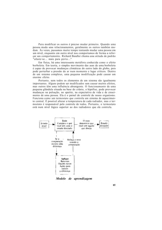 Para modificar os outros é preciso mudar primeiro. Quando uma
pessoa muda seus relacionamentos, geralmente os outros também mu-
dam. Às vezes, passamos muito tempo tentando mudar uma pessoa em
um nível, enquanto em outro nível nos comportamos de forma a refor-
çar seu comportamento. Richard Bandler chama essa atitude de padrão
"afaste-se... mais para perto..."
Em física, há uma interessante metáfora conhecida como o efeito
borboleta. Em teoria, o simples movimento das asas de uma borboleta
é capaz de provocar mudanças climáticas do outro lado do globo, pois
pode perturbar a pressão do ar num momento e lugar críticos. Dentro
de um sistema complexo, uma pequena modificação pode causar um
enorme efeito.
Portanto, nem todos os elementos de um sistema são igualmente
importantes. Alguns podem ser modificados sem causar muitos efeitos,
mas outros têm uma influência abrangente. O funcionamento de uma
pequena glândula situada na base do crânio, a hipófise, pode provocar
mudanças na pulsação, no apetite, na expectativa de vida e de cresci-
mento de uma pessoa. Ela é o painel de controle do nosso organismo.
Funciona como um termostato que controla um sistema de aquecimen-
to central. É possível alterar a temperatura de cada radiador, mas o ter-
mostato é responsável pelo controle de todos. Portanto, o termostato
está num nível lógico superior ao dos radiadores que ele controla.
Modelo de aprendizagem
85
 