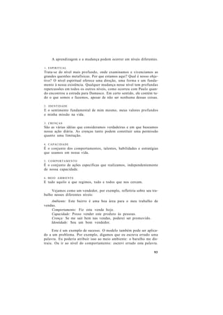 A aprendizagem e a mudança podem ocorrer em níveis diferentes.
1. ESPIRITUAL
Trata-se do nível mais profundo, onde examinamos e vivenciamos as
grandes questões metafísicas. Por que estamos aqui? Qual é nosso obje-
tivo? O nível espiritual oferece uma direção, uma forma e um funda-
mento à nossa existência. Qualquer mudança nesse nível tem profundas
repercussões em todos os outros níveis, como ocorreu com Paulo quan-
do encontrou a estrada para Damasco. Em certo sentido, ele contém tu-
do o que somos e fazemos, apesar de não ser nenhuma dessas coisas.
2. IDENTIDADE
E o sentimento fundamental de mim mesmo, meus valores profundos
e minha missão na vida.
3. CRENÇAS
São as várias idéias que consideramos verdadeiras e em que baseamos
nossa ação diária. As crenças tanto podem constituir uma permissão
quanto uma limitação.
4. CAPACIDADE
É o conjunto dos comportamentos, talentos, habilidades e estratégias
que usamos em nossa vida.
5. COMPORTAMENTO
É o conjunto de ações específicas que realizamos, independentemente
de nossa capacidade.
6. MEIO AMBIENTE
E tudo aquilo a que regimos, tudo e todos que nos cercam.
Vejamos como um vendedor, por exemplo, refletiria sobre seu tra-
balho nesses diferentes níveis:
Ambiente: Este bairro é uma boa área para o meu trabalho de
vendas.
Comportamento: Fiz esta venda hoje.
Capacidade: Posso vender este produto às pessoas.
Crença: Se me sair bem nas vendas, poderei ser promovido.
Identidade: Sou um bom vendedor.
Este é um exemplo de sucesso. O modelo também pode ser aplica-
do a um problema. Por exemplo, digamos que eu escreva errado uma
palavra. Eu poderia atribuir isso ao meio ambiente: o barulho me dis-
traiu. Ou ir ao nível do comportamento: escrevi errado esta palavra.
93
 