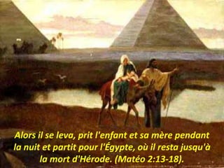 Alors il se leva, prit l'enfant et sa mère pendant
la nuit et partit pour l'Égypte, où il resta jusqu'à
la mort d'Hérode. (Matéo 2:13-18).
 