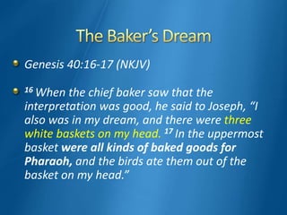 Genesis 40:16-17 (NKJV)
16 When the chief baker saw that the
interpretation was good, he said to Joseph, “I
also was in my dream, and there were three
white baskets on my head. 17 In the uppermost
basket were all kinds of baked goods for
Pharaoh, and the birds ate them out of the
basket on my head.”
 