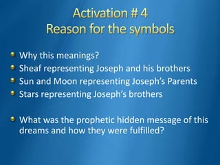 Why this meanings?
Sheaf representing Joseph and his brothers
Sun and Moon representing Joseph’s Parents
Stars representing Joseph’s brothers
What was the prophetic hidden message of this
dreams and how they were fulfilled?
 