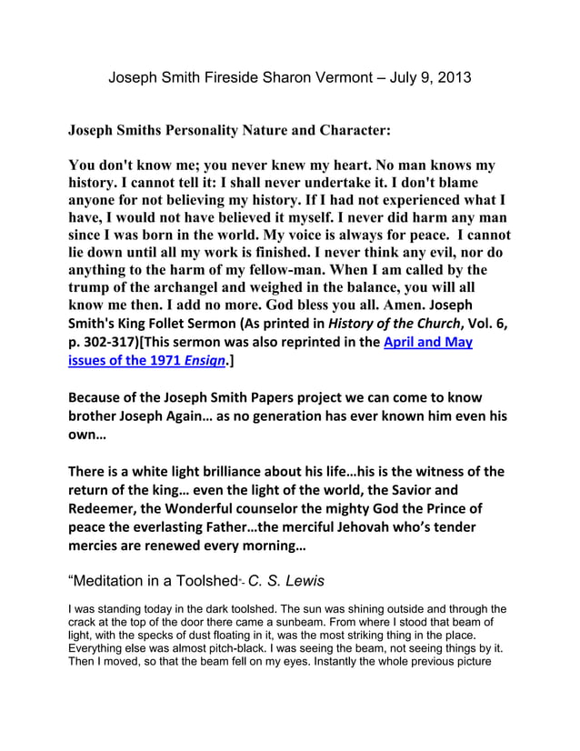 Joseph smith fireside sharon vermont PDF