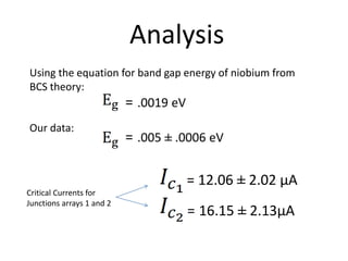 Analysis
Using the equation for band gap energy of niobium from
BCS theory:
= .0019 eV
Our data:
= .005 ± .0006 eV
= 16.15 ± 2.13μA
= 12.06 ± 2.02 μA
Critical Currents for
Junctions arrays 1 and 2
 