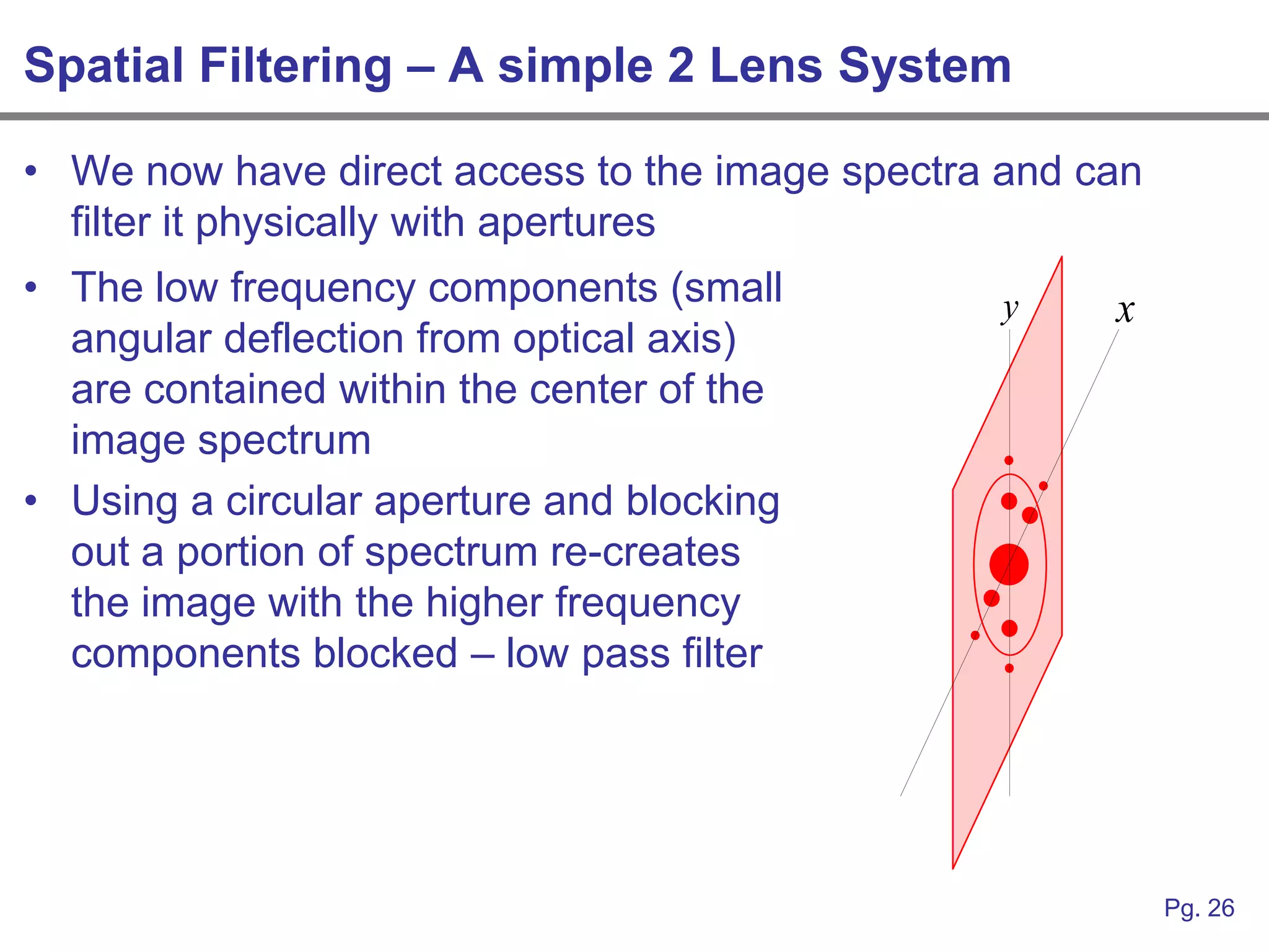 Spatial Filtering – A simple 2 Lens System

• We now have direct access to the image spectra and can
  filter it physically with apertures
• The low frequency components (small            y    x
  angular deflection from optical axis)
  are contained within the center of the
  image spectrum
• Using a circular aperture and blocking
  out a portion of spectrum re-creates
  the image with the higher frequency
  components blocked – low pass filter




                                                           Pg. 26
 