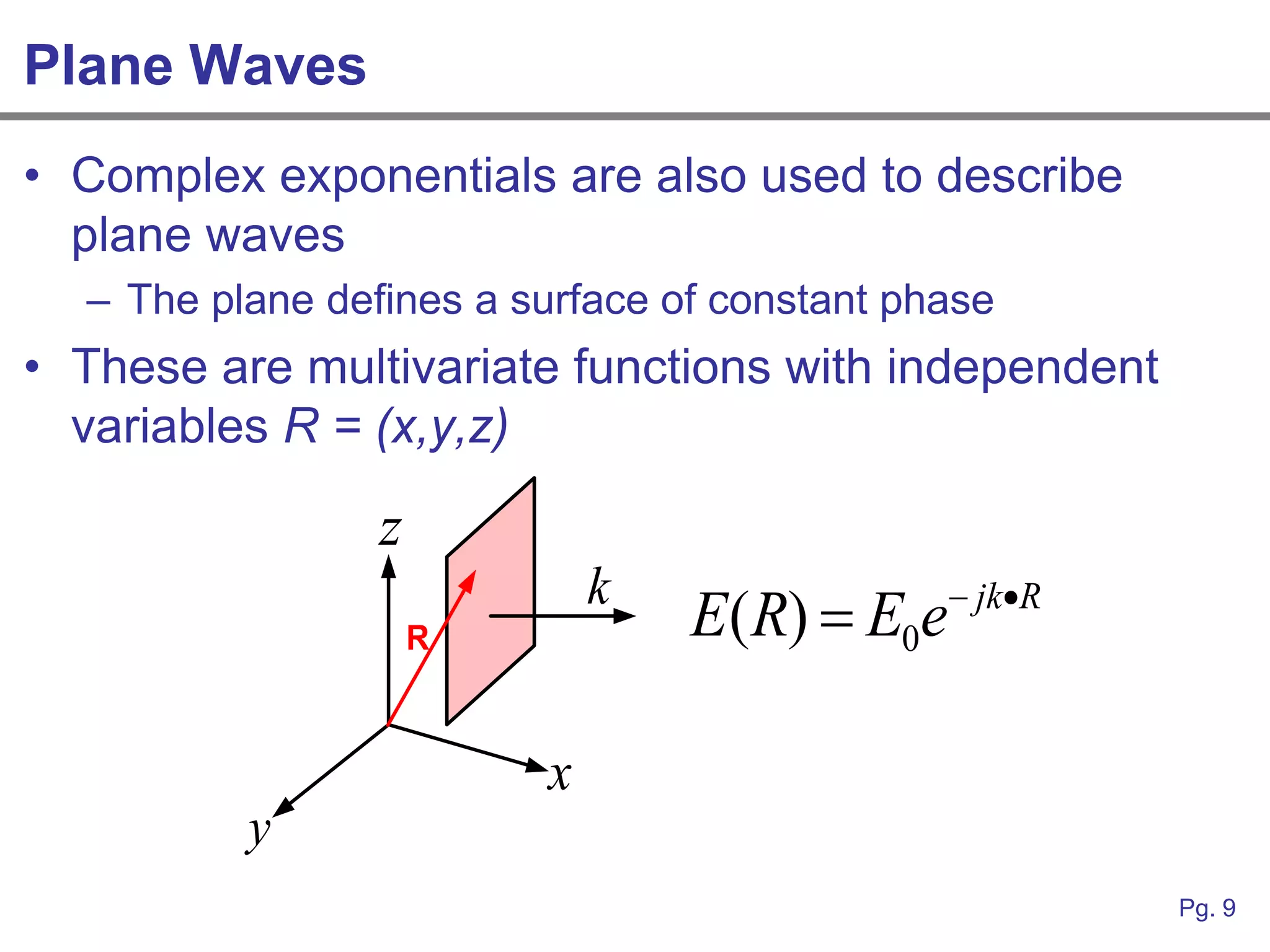 Plane Waves
• Complex exponentials are also used to describe
  plane waves
  – The plane defines a surface of constant phase
• These are multivariate functions with independent
  variables R = (x,y,z)

                 z
                             k                 jkR
                     R           E(R)  E0e

                         x
          y
                                                       Pg. 9
 
