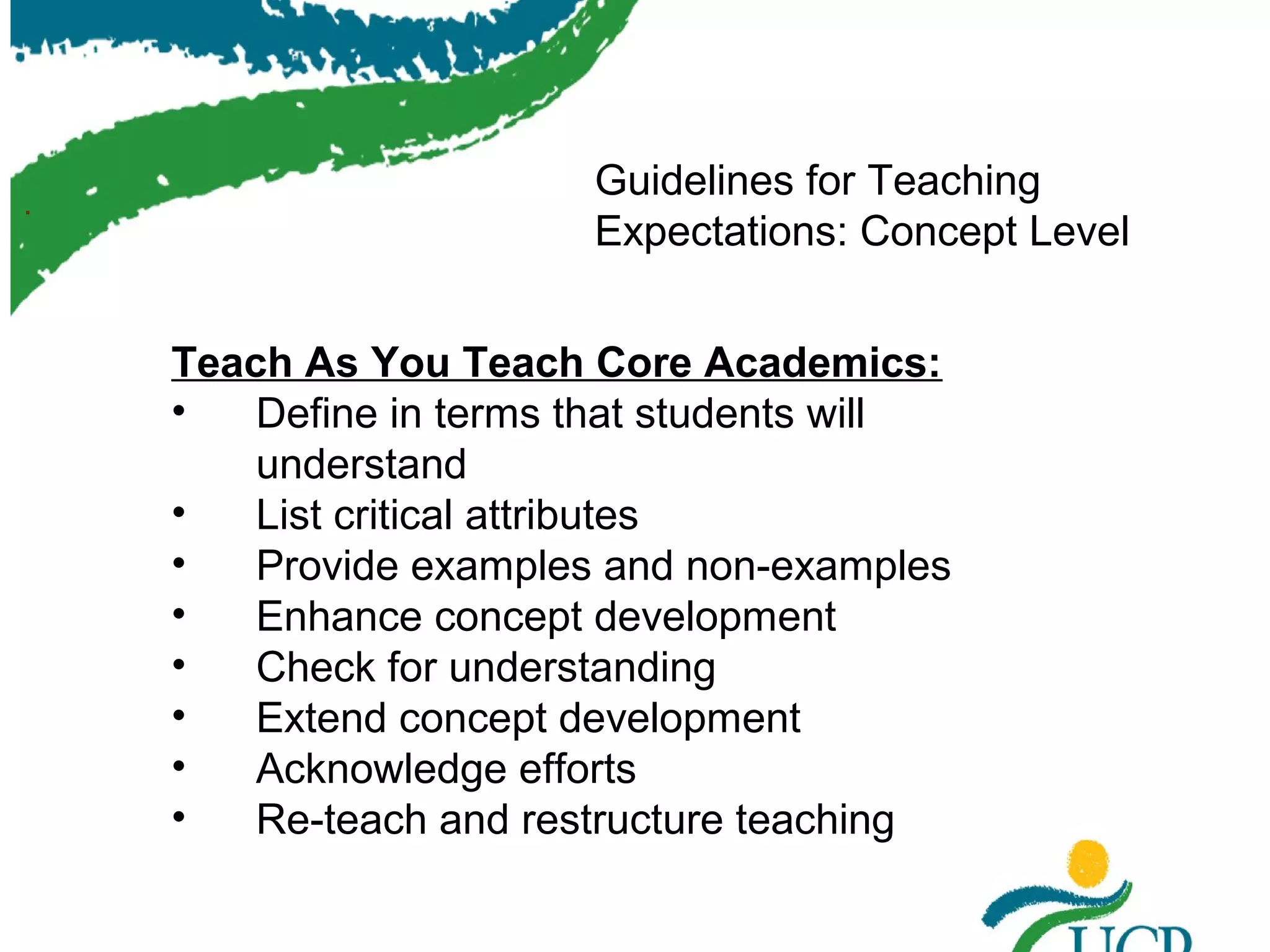 .

Guidelines for Teaching
Expectations: Concept Level
Teach As You Teach Core Academics:
•
Define in terms that students will
understand
•
List critical attributes
•
Provide examples and non-examples
•
Enhance concept development
•
Check for understanding
•
Extend concept development
•
Acknowledge efforts
•
Re-teach and restructure teaching

 