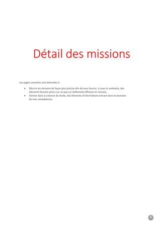 2
Détail des missions
Les pages suivantes sont destinées à :
• Décrire les missions de façon plus précise afin de vous fournir, si vous le souhaitez, des
éléments factuels précis sur ce que j’ai réellement effectué en mission,
• Donner dans la colonne de droite, des éléments d’informations entrant dans le domaine
de mes compétences.
 