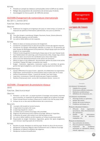 4
ACTIONS
Prendre en compte les relations contractuelles entre le GIPS et ses clients
Rédiger des propositions de conventions de services pour 4 clients
Accompagner la mise au point de l’offre de services
AUCHAN Changement de nomenclature internationale
MAI 2011 A JANVIER 2012
FONCTION : DIRECTEUR DE PROJET
OBJECTIFS
→ Redémarrer les magasins et la logistique de 6 pays en même temps, le 2 janvier, en
disposant de systèmes d’informations opérationnels, mis à jour et cohérents
RESULTATS
Tous sites Hongrie, Luxembourg, Pologne, Roumanie, Russie, Ukraine démarrés
Les difficultés apparues ont été traitées.
Les coûts et délais définis ont été respectés.
ACTIONS
Mettre en place un nouveau processus de changement.
Coordonner conception/mise en place de nouvelles versions des logiciels impactés,
Coordonner les équipes informatiques affectées au projet (5 à 10 personnes par
pays, équipes de développement et de production, chaque équipe ayant son chef de
projets et son responsable)
Elaborer le planning général et planning de chaque pays en lien avec l’équipe locale.
Suivi hebdomadaire de 6 plannings. point d’avancement, délai, charge, bugs, actions
Mettre en place une structure de coordination pour chacun des 6 pays.
Faire le suivi des dysfonctionnements et des actions de corrections
Mettre en place un site collaboratif : documentation, gestion du projet et des taches
Sensibiliser l’équipe DSI siège à une gestion des risques.
Budget : Estimation, négociation, soutenance auprès du contrôleur de gestion,
gestion des lignes budgétaires, suivi mensuel, reporting auprès de la hiérarchie.
CARACTERISTIQUES
Equipes différentes d’un pays à l’autre : approche, nb collaborateurs et organisation.
Organisation, synchronisation et communication mises en place avec les six pays.
Gestion d’avancement critique : 2 points de contrôle / jour avec 6 pays.
Jusqu’alors, ce processus n’avait été réalisé que pour 2 pays en parallèle
Nombre d’intervenants total : environ 60. Coordination directe : environ 15
Les types de risques
Sont :
Les classes de risques
Sont :
AUCHAN : Changement de prestataire réseaux
2010
FONCTION : DIRECTEUR DE PROJET
OBJECTIFS
→ Remettre « sur des rails » un projet touchant à l'avantage concurrentiel, important
pour le business, en respectant les performances exigées par la maîtrise d’ouvrage.
→ Piloter le projet durant sa phase critique puis le rendre à son chef de projet initial.
→ Critique car sur un des axes de différentiation de la concurrence.
RESULTATS
Le projet a été recadré en termes humains.
L’organisation du projet a été revue.
Le planning réajusté et « ancré ».
La relation avec la maitrise d’ouvrage a été consolidée.
Exigences de performances de la maîtrise d’ouvrage: définies et respectées.
La direction du projet a été rendue à son chef de projet en titre.
Les coûts et délais redéfinis ont été respectés sur la base du planning recadré.
Responsable du budget: Estimation, négociation, gestion des lignes budgétaires,
suivi mensuel, reporting auprès de la hiérarchie.
ACTIONS
Recadrer le projet. Remplacer le chef de projet. Rendre les clés en fin de mission.
Réorganiser le planning. Négocier date d’achèvement avec la Maîtrise d’ouvrage
Réorganiser la collecte et validation des exigences
Réorganiser la phase de qualification
Exemples
LES RISQUES TECHNIQUES :
Viabilité d'un concept ;
Performance difficile à atteindre ;
Réalisation problématique ;
Défaillance de composants, etc…
LES RISQUES CALENDAIRES
Plannings tendus ou optimistes ;
Gestion des stocks ;
Gestion de la sous-traitance ;
Problèmes techniques, etc…
RISQUES ORGANISATIONNELS :
Efficacité d'une organisation
(procédures, délai d'enchaînement
des opérations) ;
Qualité des informations
transmises et de décisions
inadaptées, etc…
RISQUES ECONOMIQUES.
Sous-estimation de tâches ;
Plans de paiement inadaptés ;
Traitement des problèmes
techniques et calendaires (rebuts,
retards, urgences).
Management
de risques
 