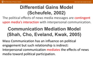 Differential Gains Model
(Scheufele, 2002)
The political effects of news media messages are contingent
upon media’s interaction with interpersonal communication.
Communication Mediation Model
(Shah, Cho, Eveland, Kwak, 2005)
Mass Communication has an influence on political
engagement but such relationship is indirect:
Interpersonal communication mediates the effects of news
media toward political participation.
 
