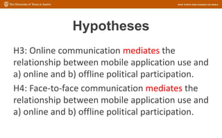 Hypotheses
H3: Online communication mediates the
relationship between mobile application use and
a) online and b) offline political participation.
H4: Face-to-face communication mediates the
relationship between mobile application use and
a) online and b) offline political participation.
 