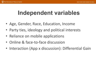 Independent variables
• Age, Gender, Race, Education, Income
• Party ties, ideology and political interests
• Reliance on ...