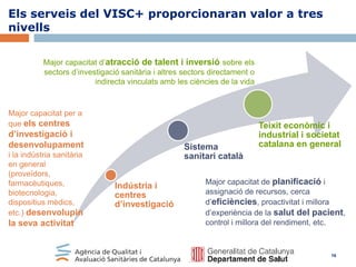 Els serveis del VISC+ proporcionaran valor a tres
nivells
Major capacitat d’atracció de talent i inversió sobre els
sectors d’investigació sanitària i altres sectors directament o
indirecta vinculats amb les ciències de la vida

Major capacitat per a
que els centres

d’investigació i
desenvolupament
i la indústria sanitària
en general
(proveïdors,
farmacèutiques,
biotecnologia,
dispositius mèdics,
etc.) desenvolupin

la seva activitat

Sistema
sanitari català
Indústria i
centres
d’investigació

Teixit econòmic i
industrial i societat
catalana en general

Major capacitat de planificació i
assignació de recursos, cerca
d’eficiències, proactivitat i millora
d’experiència de la salut del pacient,
control i millora del rendiment, etc.

16

 
