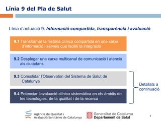 Línia 9 del Pla de Salut

Línia d’actuació 9. Informació compartida, transparència i avaluació
9.1 Transformar la història clínica compartida en una xarxa
d’informació i serveis que faciliti la integració
9.2 Desplegar una xarxa multicanal de comunicació i atenció
als ciutadans
9.3 Consolidar l’Observatori del Sistema de Salut de
Catalunya

Detallats a
continuació

9.4 Potenciar l’avaluació clínica sistemàtica en els àmbits de
les tecnologies, de la qualitat i de la recerca

2

 