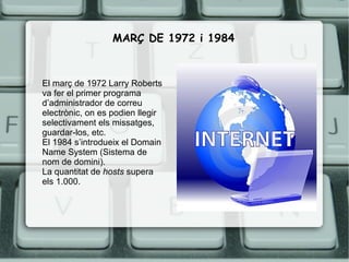 MARÇ DE 1972 i 1984



El març de 1972 Larry Roberts
va fer el primer programa
d’administrador de correu
electrònic, on es podien llegir
selectivament els missatges,
guardar-los, etc.
El 1984 s’introdueix el Domain
Name System (Sistema de
nom de domini).
La quantitat de hosts supera
els 1.000.
 
