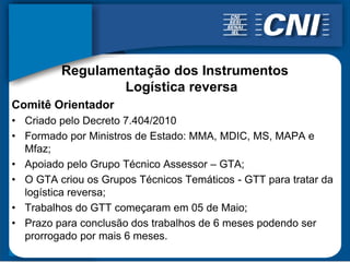 Regulamentação dos Instrumentos
                 Logística reversa
Comitê Orientador
• Criado pelo Decreto 7.404/2010
• Formado por Ministros de Estado: MMA, MDIC, MS, MAPA e
  Mfaz;
• Apoiado pelo Grupo Técnico Assessor – GTA;
• O GTA criou os Grupos Técnicos Temáticos - GTT para tratar da
  logística reversa;
• Trabalhos do GTT começaram em 05 de Maio;
• Prazo para conclusão dos trabalhos de 6 meses podendo ser
  prorrogado por mais 6 meses.
 