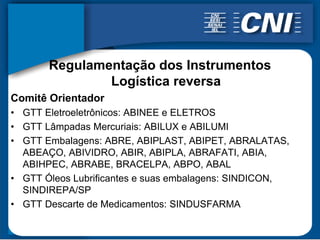 Regulamentação dos Instrumentos
               Logística reversa
Comitê Orientador
• GTT Eletroeletrônicos: ABINEE e ELETROS
• GTT Lâmpadas Mercuriais: ABILUX e ABILUMI
• GTT Embalagens: ABRE, ABIPLAST, ABIPET, ABRALATAS,
  ABEAÇO, ABIVIDRO, ABIR, ABIPLA, ABRAFATI, ABIA,
  ABIHPEC, ABRABE, BRACELPA, ABPO, ABAL
• GTT Óleos Lubrificantes e suas embalagens: SINDICON,
  SINDIREPA/SP
• GTT Descarte de Medicamentos: SINDUSFARMA
 