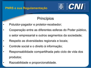 PNRS e sua Regulamentação


                           Princípios
•     Poluidor-pagador e protetor-recebedor;
•     Cooperação entre as diferentes esferas do Poder público,
      o setor empresarial e outros segmentos da sociedade;
•     Respeito as diversidades regionais e locais;
•     Controle social e o direito à informação;
•     Responsabilidade compartilhada pelo ciclo de vida dos
      produtos;
•     Razoabilidade e proporcionalidade.
 