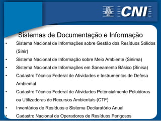 Sistemas de Documentação e Informação
•   Sistema Nacional de Informações sobre Gestão dos Resíduos Sólidos
    (Sinir)
•   Sistema Nacional de Informação sobre Meio Ambiente (Sinima)
•   Sistema Nacional de Informações em Saneamento Básico (Sinisa)
•   Cadastro Técnico Federal de Atividades e Instrumentos de Defesa
    Ambiental
•   Cadastro Técnico Federal de Atividades Potencialmente Poluidoras
    ou Utilizadoras de Recursos Ambientais (CTF)
•   Inventários de Resíduos e Sistema Declaratório Anual
•   Cadastro Nacional de Operadores de Resíduos Perigosos
 