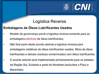 Logística Reversa
Embalagens de Óleos Lubrificantes Usados
•   Modelo de governança prevê a logística reversa somente para as
    embalagens plásticas de óleos lubrificantes;

•   Não fará parte deste acordo setorial a logística reversa para
    embalagens metálicas de óleos lubrificantes usados, filtros de óleos
    lubrificantes e demais resíduos contaminados com óleos lubrificantes;

•   O acordo setorial será implementado primeiramente para os estados
    da Região Sul, Sudeste e parte do Nordeste (excluídos o Piaui e
    Maranhão)
 