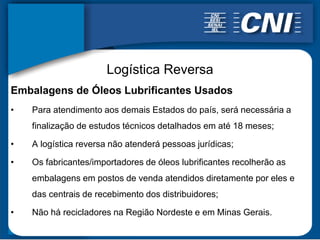 Logística Reversa
Embalagens de Óleos Lubrificantes Usados
•   Para atendimento aos demais Estados do país, será necessária a
    finalização de estudos técnicos detalhados em até 18 meses;

•   A logística reversa não atenderá pessoas jurídicas;

•   Os fabricantes/importadores de óleos lubrificantes recolherão as
    embalagens em postos de venda atendidos diretamente por eles e
    das centrais de recebimento dos distribuidores;

•   Não há recicladores na Região Nordeste e em Minas Gerais.
 