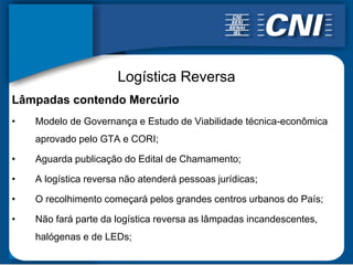 Logística Reversa
Lâmpadas contendo Mercúrio
•   Modelo de Governança e Estudo de Viabilidade técnica-econômica
    aprovado pelo GTA e CORI;

•   Aguarda publicação do Edital de Chamamento;

•   A logística reversa não atenderá pessoas jurídicas;

•   O recolhimento começará pelos grandes centros urbanos do País;

•   Não fará parte da logística reversa as lâmpadas incandescentes,
    halógenas e de LEDs;
 