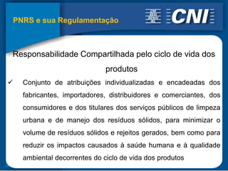 PNRS e sua Regulamentação



Responsabilidade Compartilhada pelo ciclo de vida dos
                              produtos
   Conjunto de atribuições individualizadas e encadeadas dos
    fabricantes, importadores, distribuidores e comerciantes, dos
    consumidores e dos titulares dos serviços públicos de limpeza
    urbana e de manejo dos resíduos sólidos, para minimizar o
    volume de resíduos sólidos e rejeitos gerados, bem como para
    reduzir os impactos causados à saúde humana e à qualidade
    ambiental decorrentes do ciclo de vida dos produtos
 