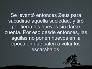   
Se levantó entonces Zeus para
sacudirse aquella suciedad, y tiró
por tierra los huevos sin darse
cuenta. Por eso desde entonces, las
águilas no ponen huevos en la
época en que salen a volar los
escarabajos.
 