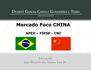 Mercado Foco CHINA
   APEX – FIESP - CNI




            Advogado:
  José Ricardo dos Santos Luz Jr.
 