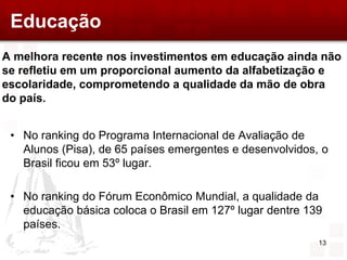 Educação
A melhora recente nos investimentos em educação ainda não
se refletiu em um proporcional aumento da alfabetização e
escolaridade, comprometendo a qualidade da mão de obra
do país.


 • No ranking do Programa Internacional de Avaliação de
   Alunos (Pisa), de 65 países emergentes e desenvolvidos, o
   Brasil ficou em 53º lugar.

 • No ranking do Fórum Econômico Mundial, a qualidade da
   educação básica coloca o Brasil em 127º lugar dentre 139
   países.
                                                          13
 